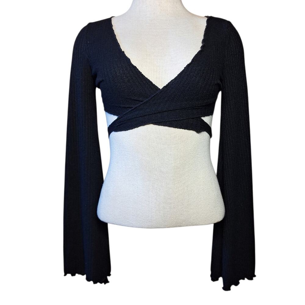 Urban outfitters XS Black Witchy bell sleeve wrap croptop goth Y2K balletcore